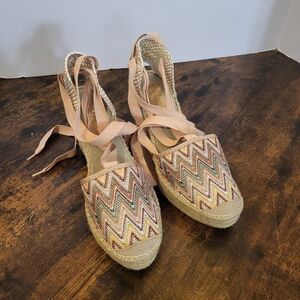 Vidorreta Espadrille Wedge Sandals Pink Gold Beige Chevron Ankle Tie 7.5M